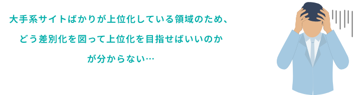 大手系サイトばかりが上位化している領域のため、どう差別化を図って上位化を目指せばいいのかが分からない…
